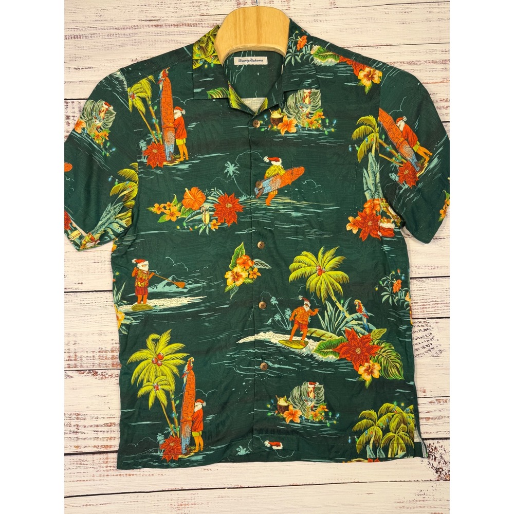 Tommy Bahama Surfs Up Santa Shirt Mens Medium Green Silk Holiday Camp NEW